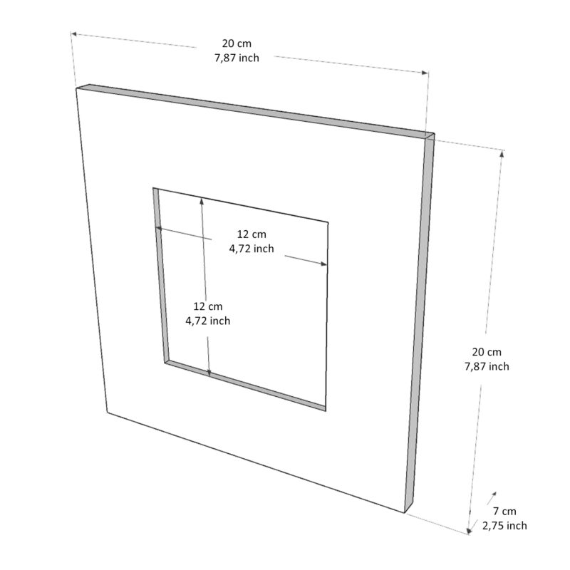 Disegno urna Zaff parte frontale con misure esterne e misure interno cornice