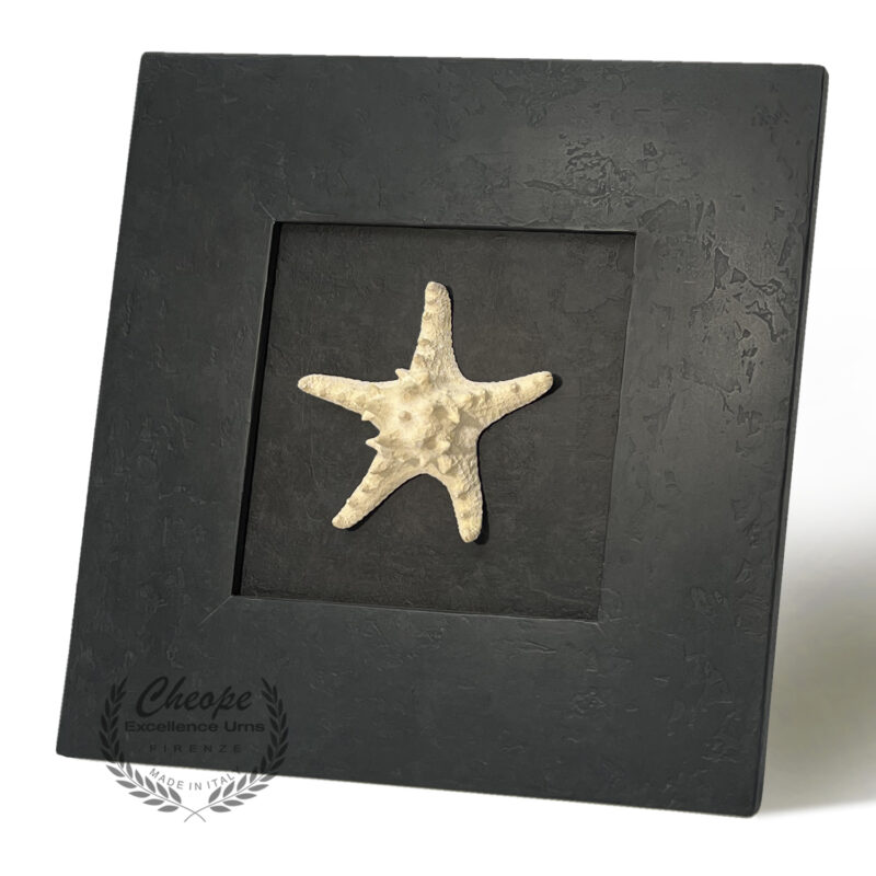 Urna quadro Zeffiro Black Star in legno di alta decorazione, per la custodia delle ceneri da cremazione onoranze funebri, di grande versatilità di ambientazione per onorare la memoria del proprio caro in modo elegante e per tenerlo sempre insieme a noi in un contesto di armonia e discrezione