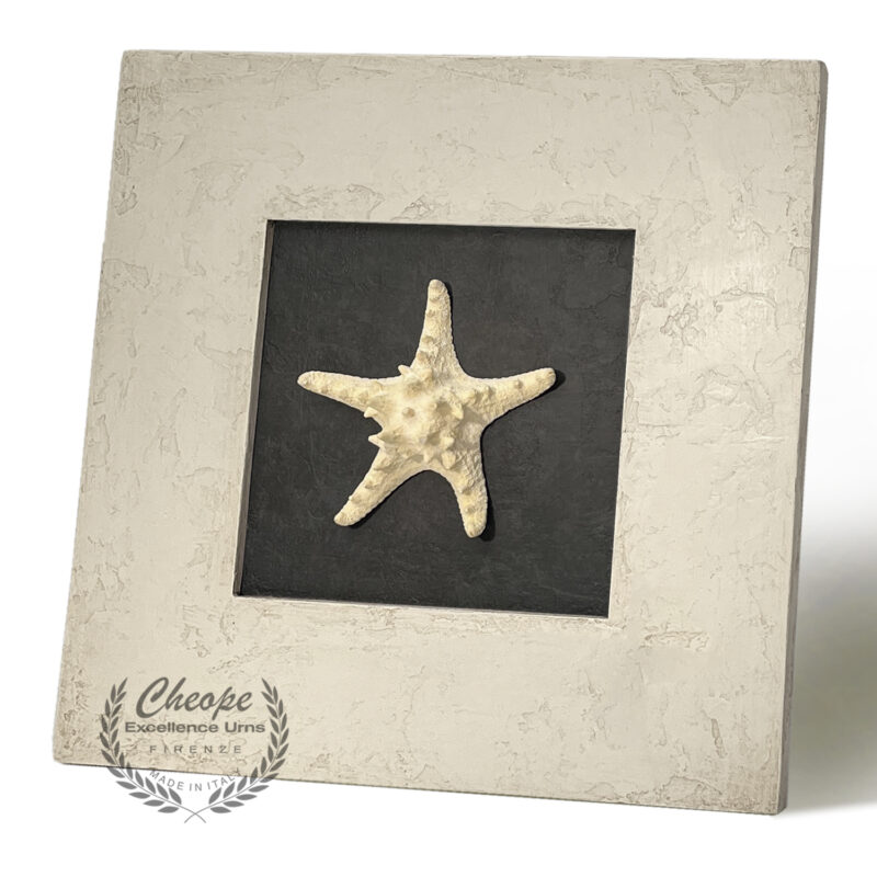 Urna quadro Zeffiro White Star in legno di alta decorazione, per la custodia delle ceneri da cremazione onoranze funebri, di grande versatilità di ambientazione per onorare la memoria del proprio caro in modo elegante e per tenerlo sempre insieme a noi in un contesto di armonia e discrezione